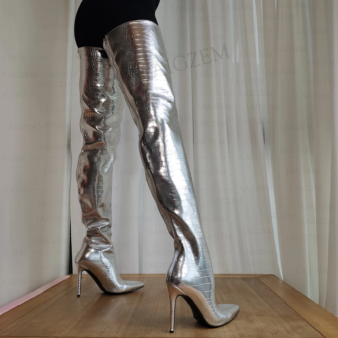 LAIGZEM Women Thigh High Boots Back Zip Up Stiletto High Heels Boots Crocodile Print Shoes Woman Botines Mujer Big Size 38 45 47