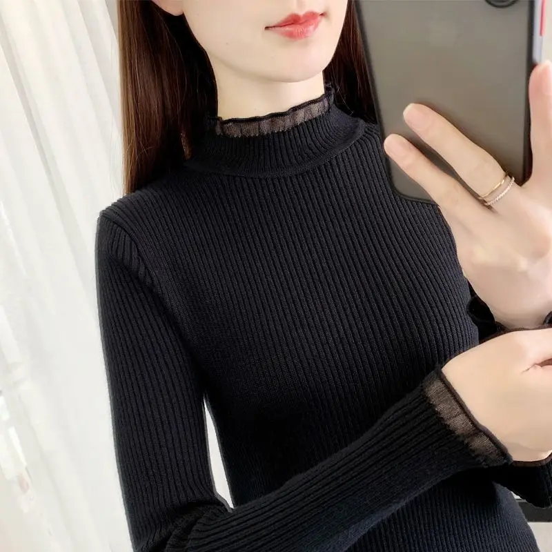 Women's Clothing Half High Collar Solid Color Long Sleeve Lace Pullover Sweater Knitted Casual Elegant Autumn Winter Tops