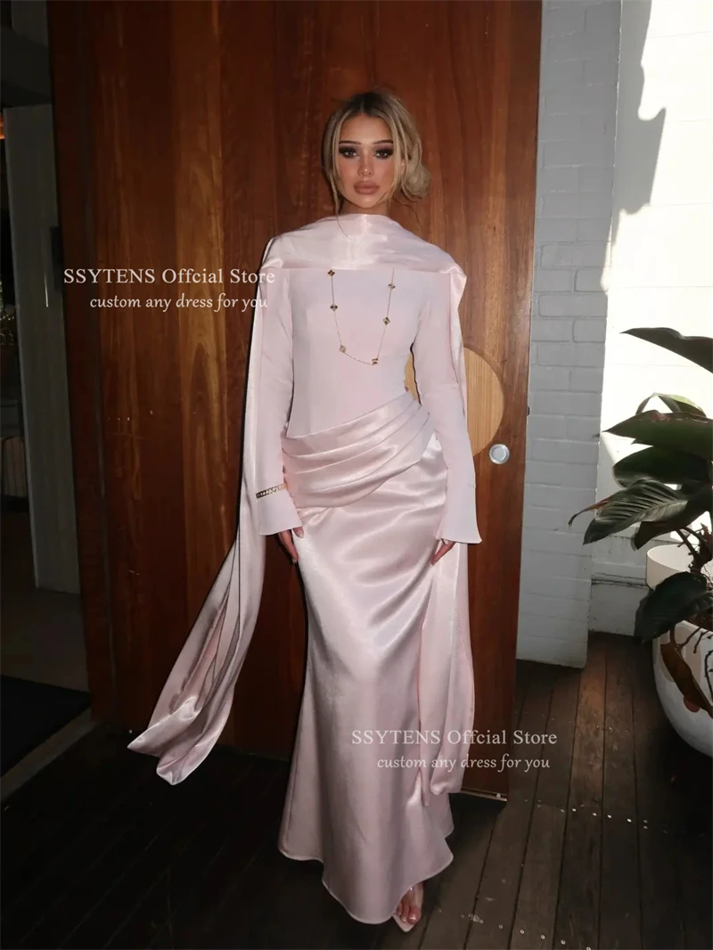 SSYTENS Vintage Baby Pink Satin Long Sleeves Formal Evening Dresses Women 2027 Modest Prom Dress Pleated Party Gown Customized