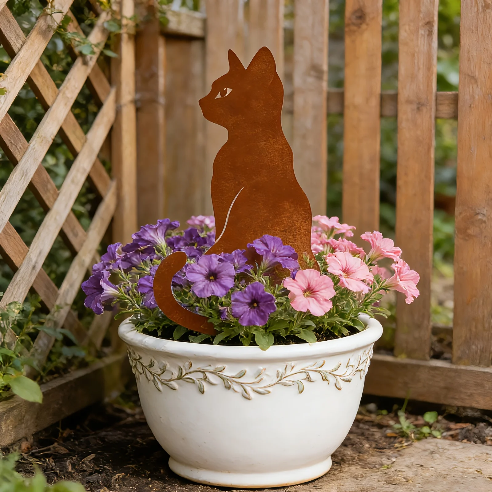 Rustic Weathered Sitting Cat Silhouette Metal Garden Stake, Rusted Feline Decor for Lawn, Flower Beds, Potted Plants and Patio