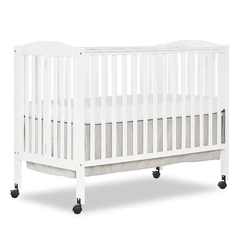 Full Size 2-in-1 Folding Stationary Side Crib in Cherry, Locking Wheels, Folds Flat for Storage, Comes with Teething Guard