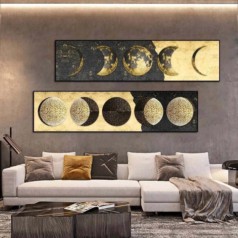 Golden Moon Prints Canvas Poster Art Gold Moon Phase Canvas Painting Big Size Planet Solar Wall Pictures for Living Room Decor