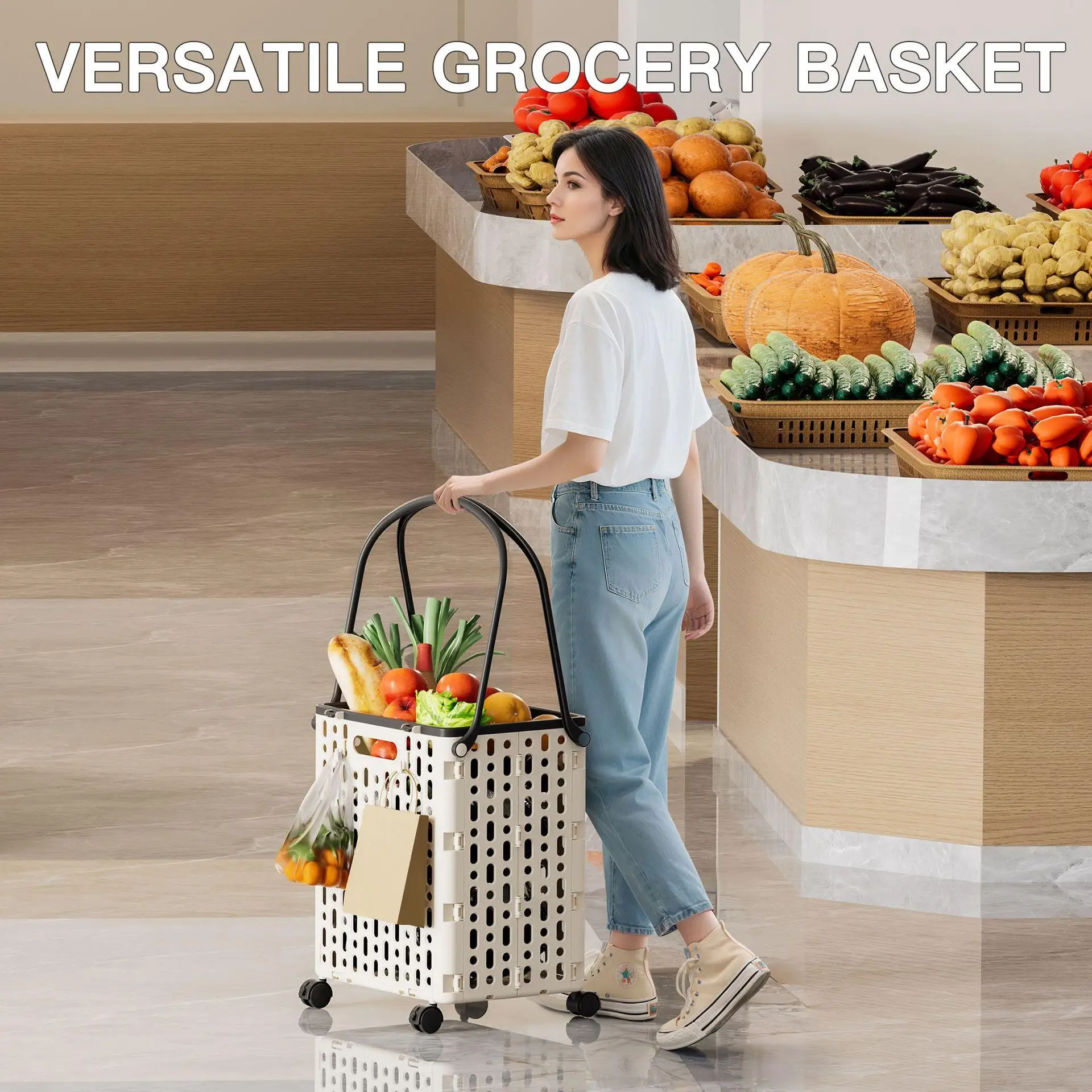 New Foldable Hand-Push Shopping Cart Home Use Vegetable Buying Cart Elderly People Friendly Plastic Portable Market Basket