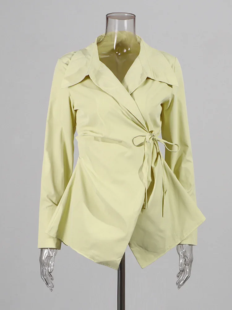 ZMEENNA المرأة غير المتماثلة التفاف بلوزة التعادل الخصر قميص غير رسمي بأكمام طويلة الخامس الرقبة بلون تونك ZM3941