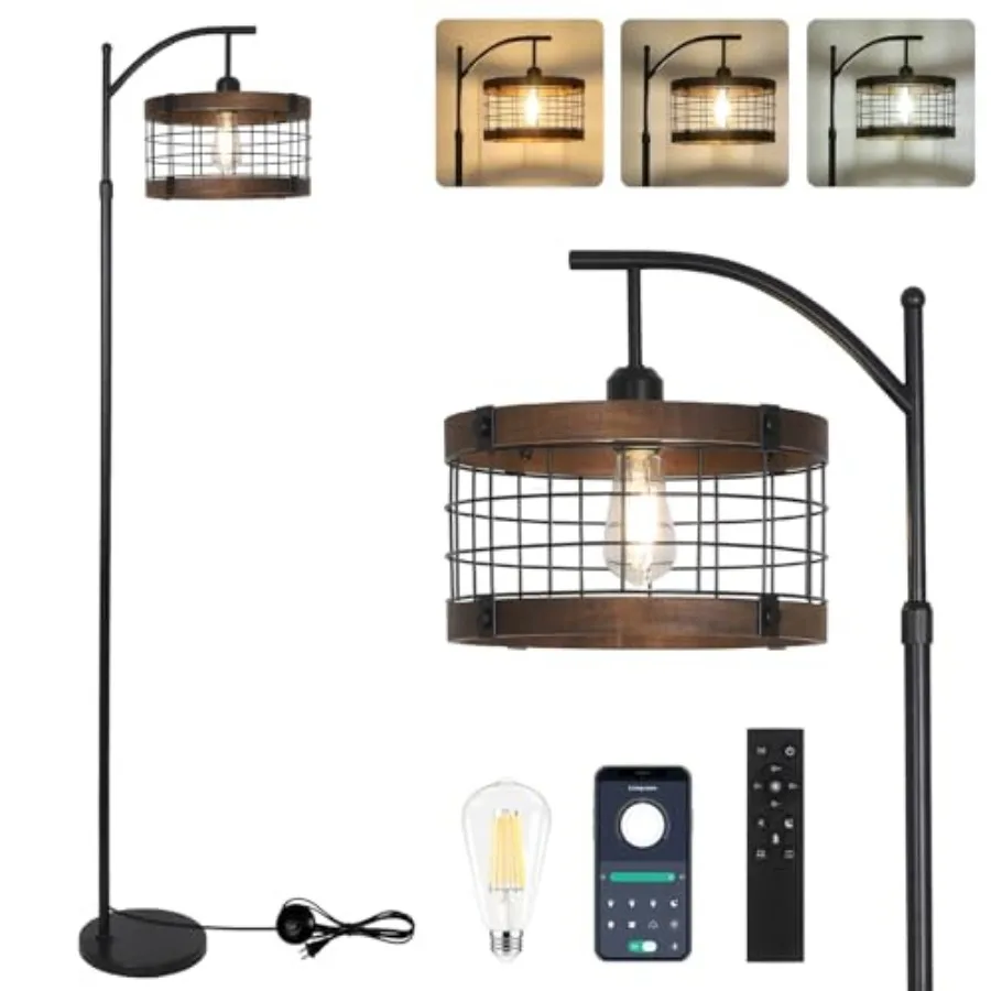 

Напольный светильник Arc с пультом ДУ и диммируемой LED-лампой, винтажный деревянный торшер для гостиной, промышленный черный напольный светильник с 3 режимами