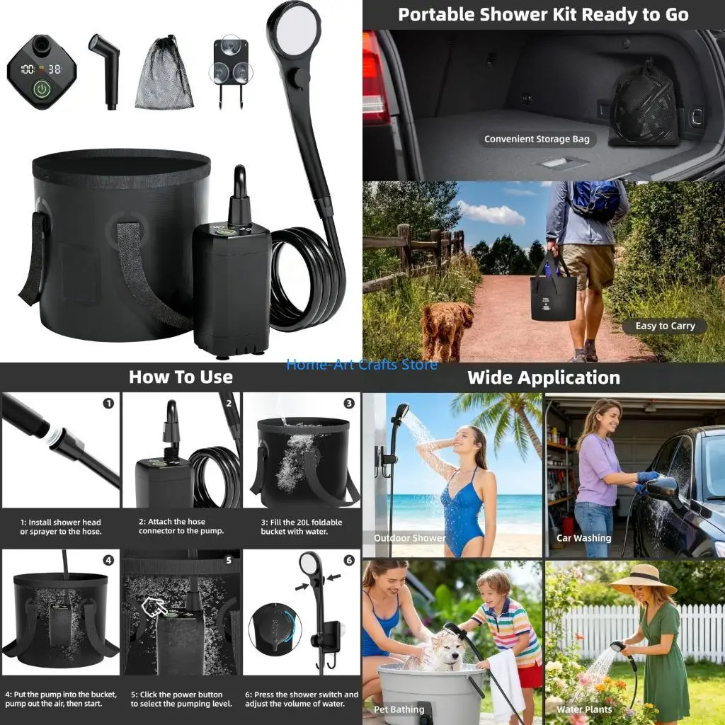Y3NA Multifunction Rechargeable Shower Pumps With Digital Screen And 5 Gallon Foldable Bucket For Outdoor Use