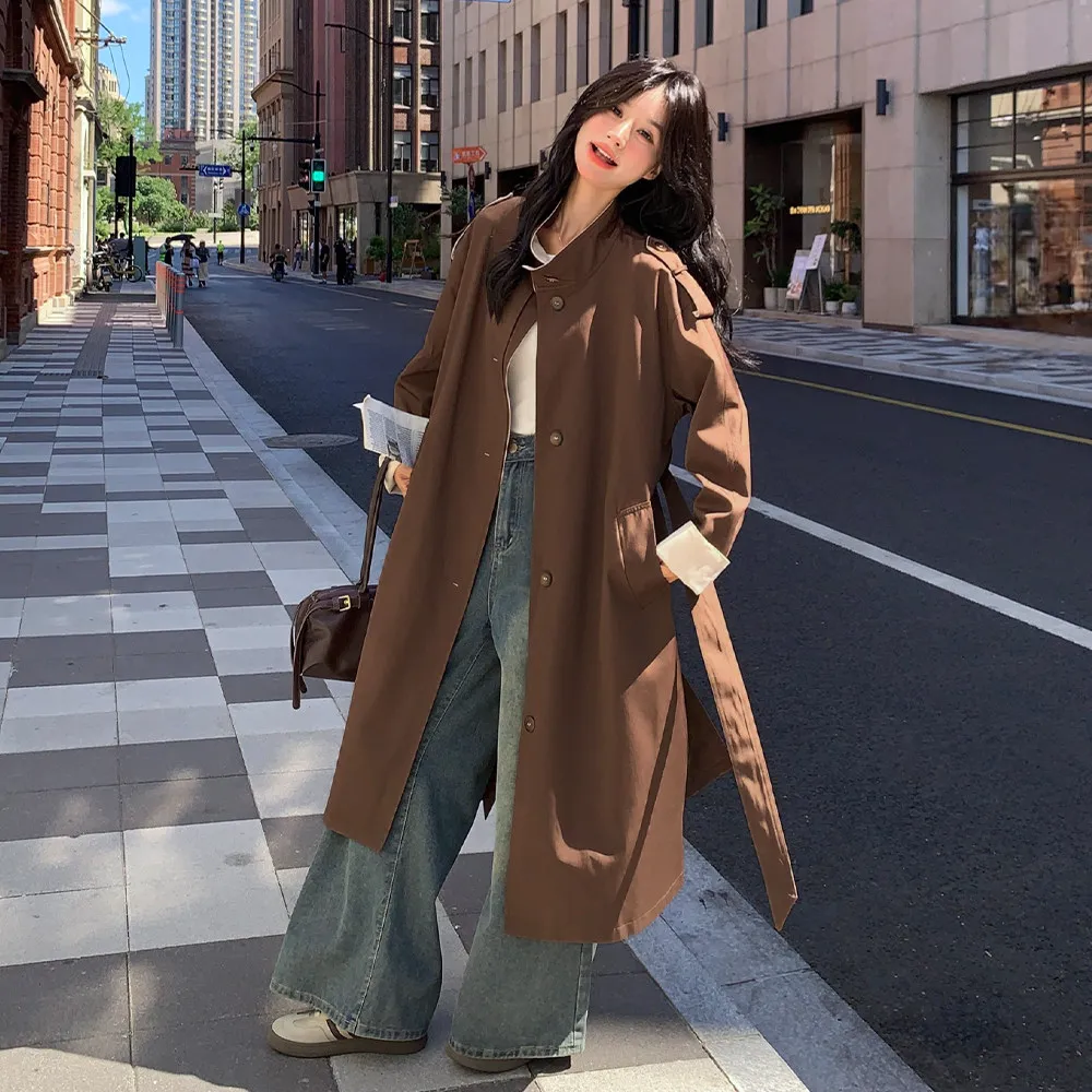 

SuperAen Korean-style Beige Stand Collar Trench Coats for Women 2026 Spring and Autumn New Long Overcoat