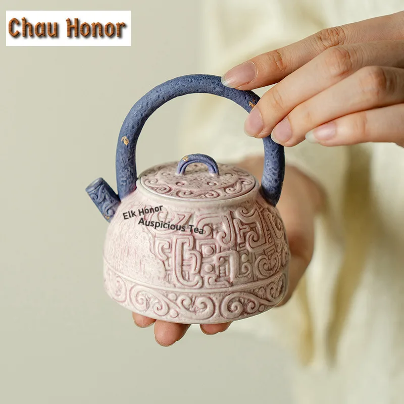 

100ml Relief Purple Cloud Pattern Lifting Handle Teapot Antique Tea Infuser Pot Tea Brewing Kettle With Strainer Chinese Tea Set