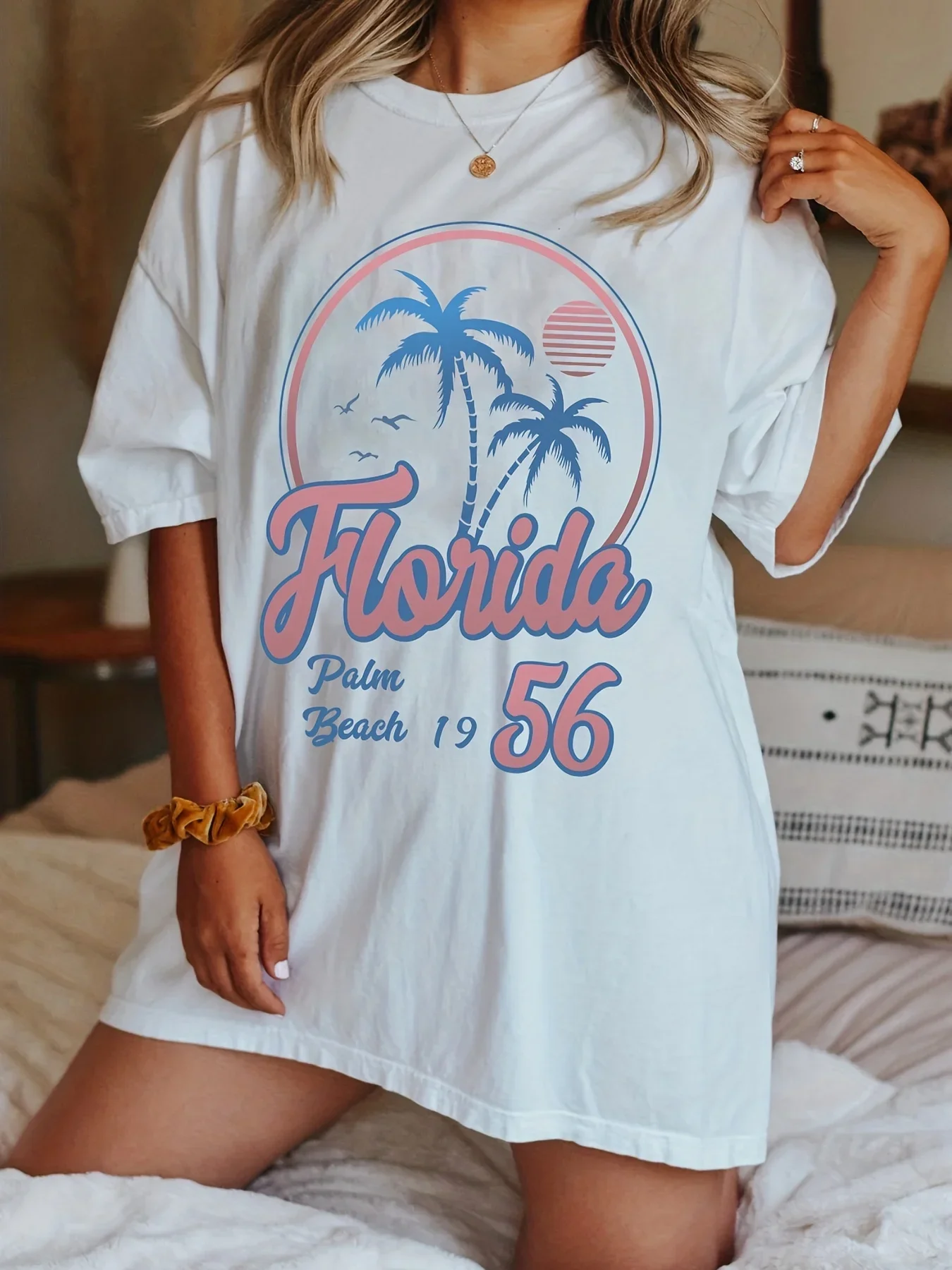 

Florida56 Graphic Tops Coconut Tree Print T-Shirt Casual Crew Neck Short Sleeve T-Shirt Vintage Women's Clothing Oversized