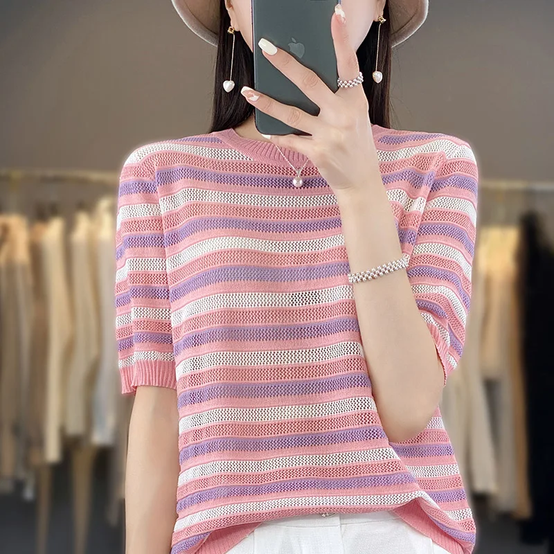 Summer New Fashion T-shirt Top Women's Round Neck 100% Cotton Stripe Loose Pullover Short Sleeve Casual Knit Breathable Sweater