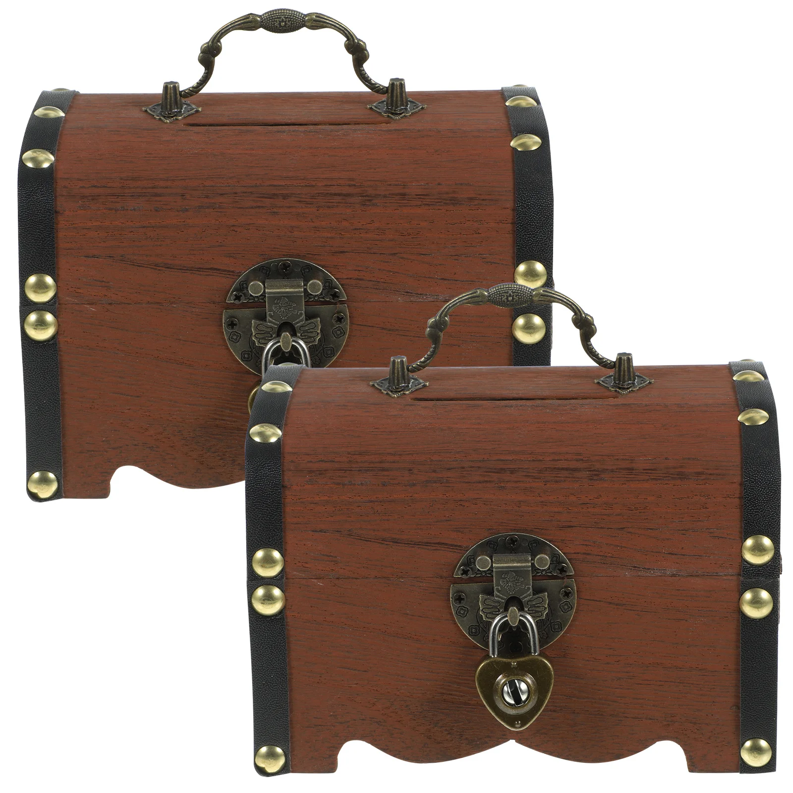 

2pcs Wooden Treasure Box Vintage Storage Container Retro Home Decor Lockable Jewelry Case Wooden Piggy Bank