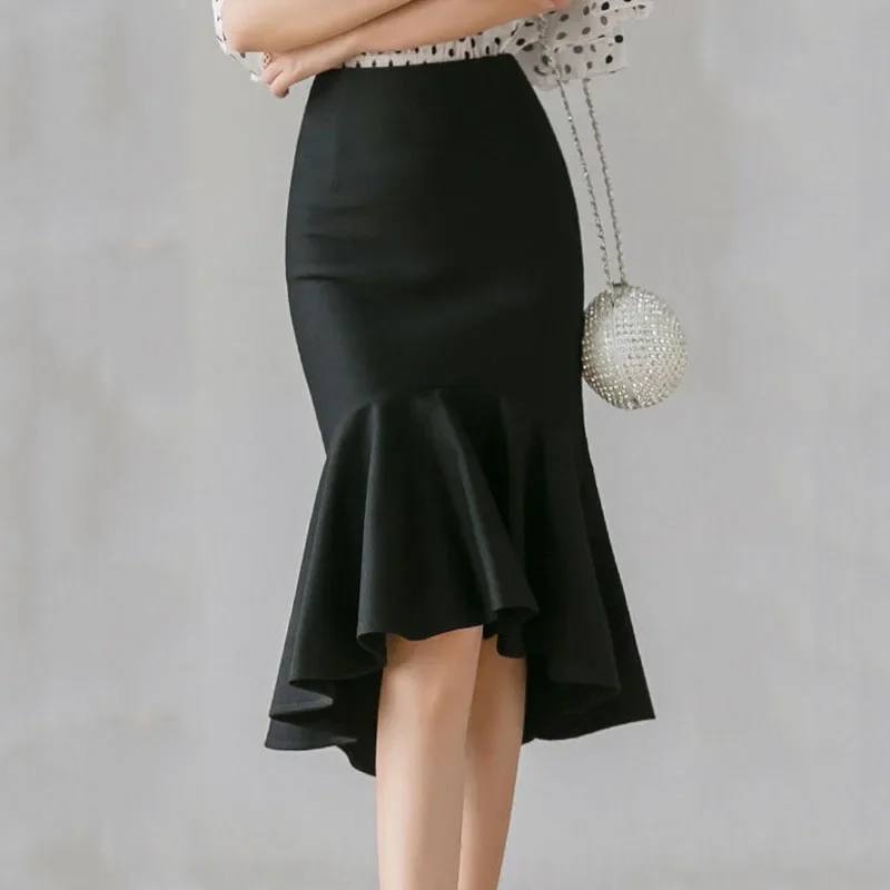 Summer New Office Lady Commute All-match Asymmetrical High Waist Knee Skirts Elegant Fashion Ruffles Splicing Mermaid Skirt 2025