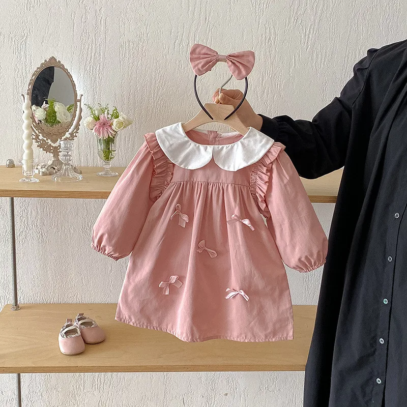 Autumn Pink Cute Sisters Bowknot Doll Neck Long Sleeve Dress and Baby Creeper Wear 1-7 Years Old