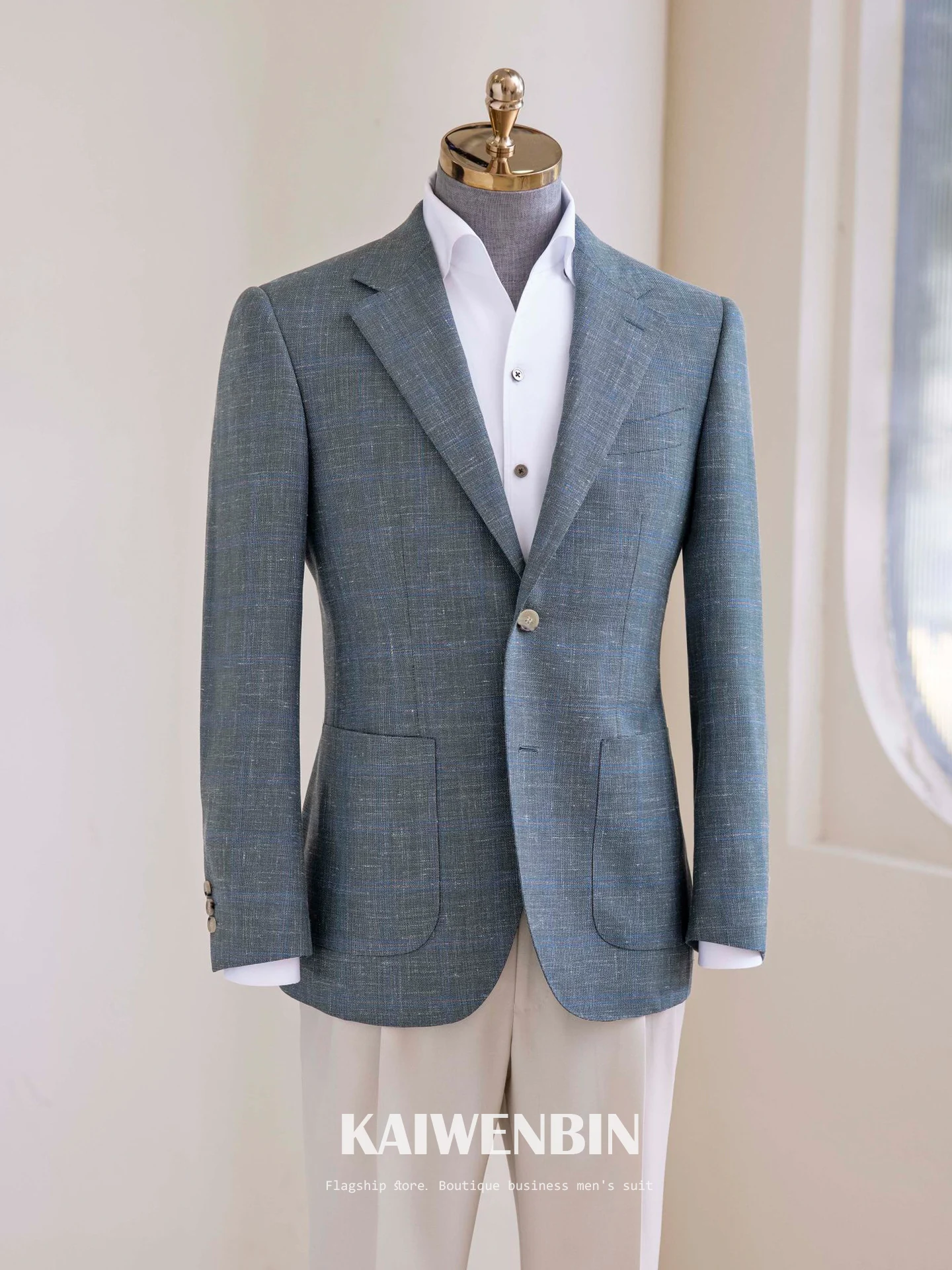 

Blazer Men's Navy Plaid Linen Luxury Business Formal Jacket Cool Comfort Spring Summer Wedding Banquet Suit Coat