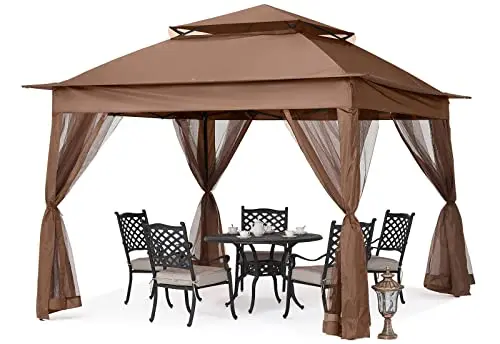 11x11 ft Pop Up Gazebo with Netting Screen Walls, Brown