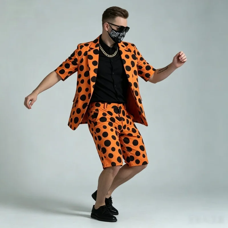 Men's Fashion Loose Orange Black Dot Print Short Sleeve Blazer Shorts Set Casual Streetwear Suit Party Nightclub Stage Outfit