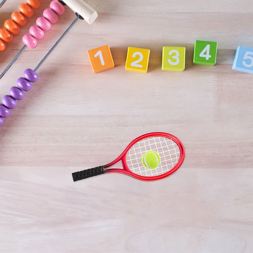 2Sets Mini Tennis Rackets Miniature Sports Accessories for Dollhouse Decoration Role Pretend Play Mini Tennis Racket and Ball