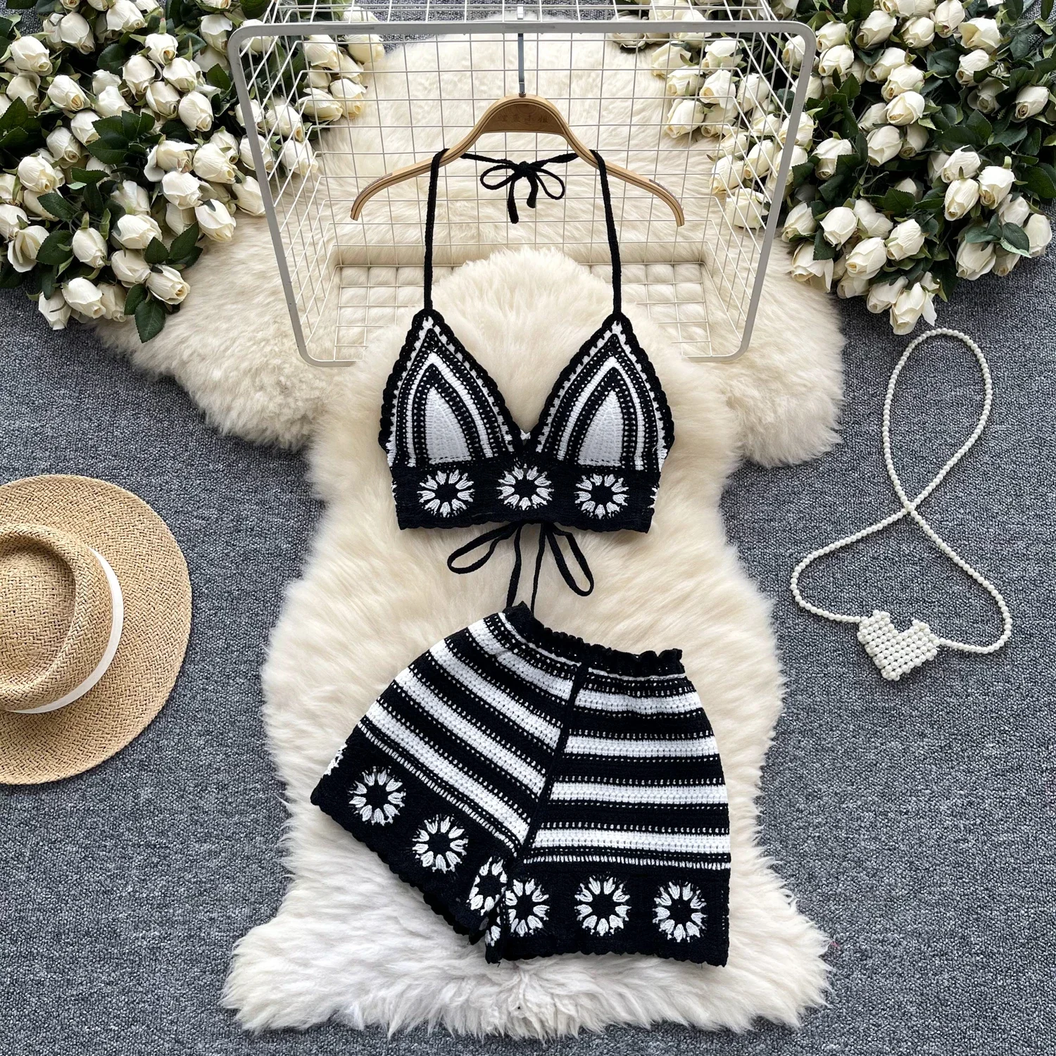 2025 Beach Vacation Knit Women Co-ord Set Crochet Knit Halter Sleeveless Lace Up Camis and Shorts 2pcs Suits Summer Outfit
