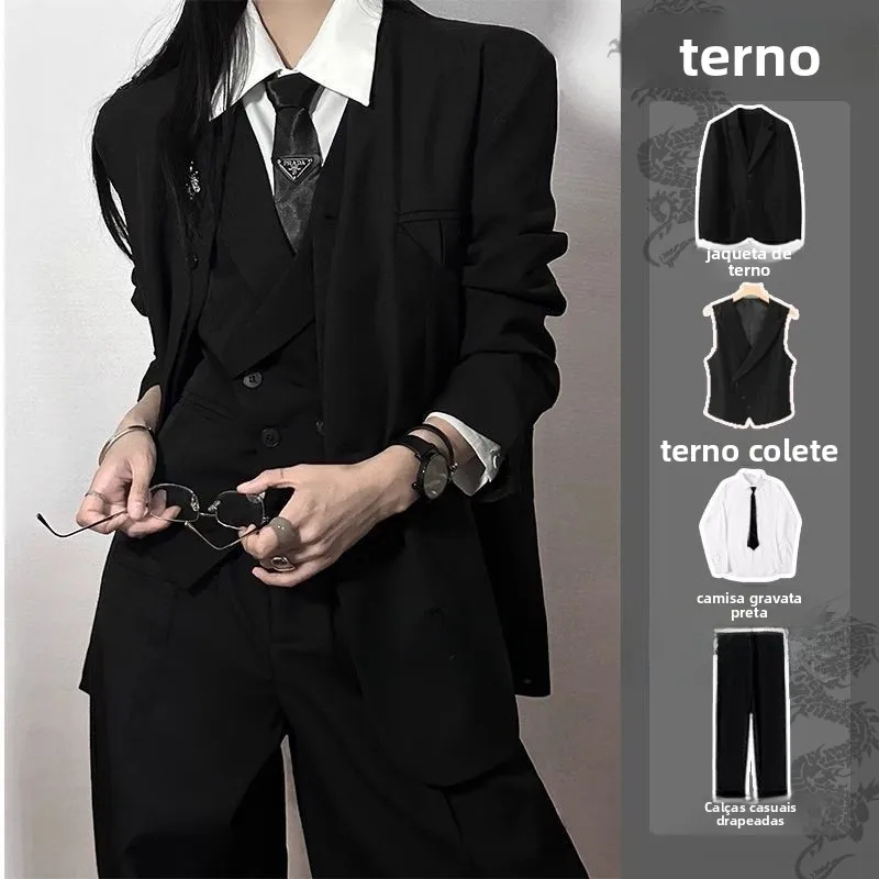 Conjunto de Terno Preto Masculino Primavera Outono, Jaqueta de Cerimônia de Alta Qualidade, Estilo Slim Neutro, Colete com Pu...