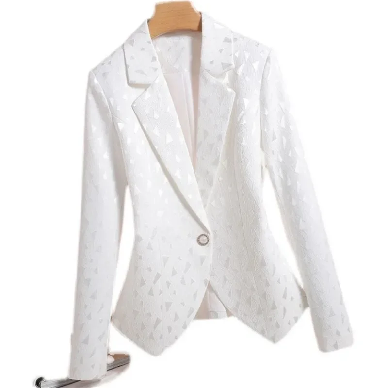 Blazer en jacquard imbibé de diamants pour femmes, manteau mince, vêtements d'extérieur, veste combinée, vêtements blancs, simple, bureau, dames, printemps, automne