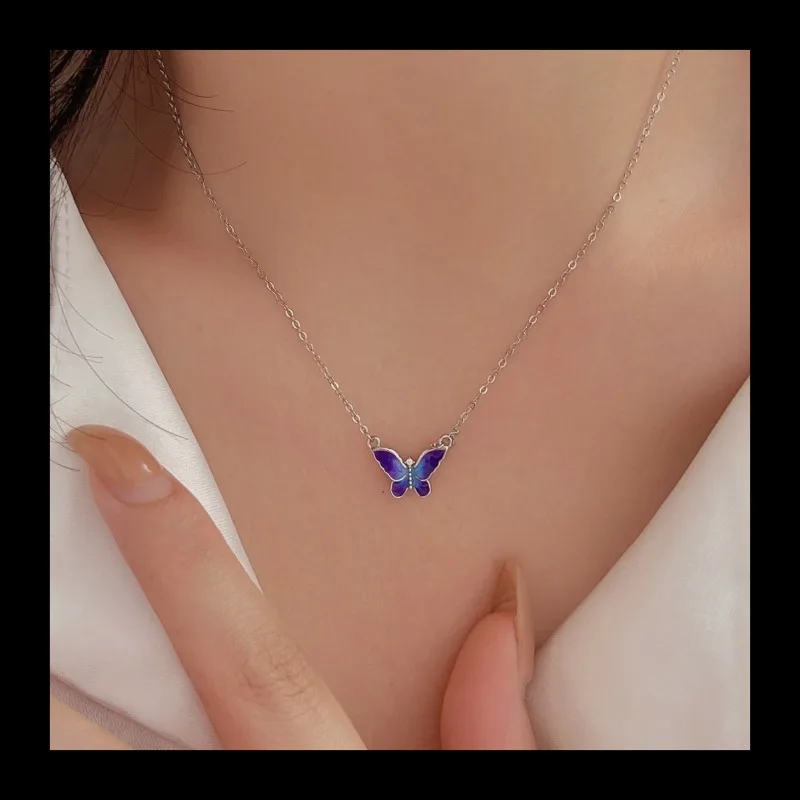 جديد الفرنسية الأرجواني فراشة قلادة S925 فضة المتخصصة تصميم الأزياء مزاجه ضوء الفاخرة الراقية قلادة المرأة #4