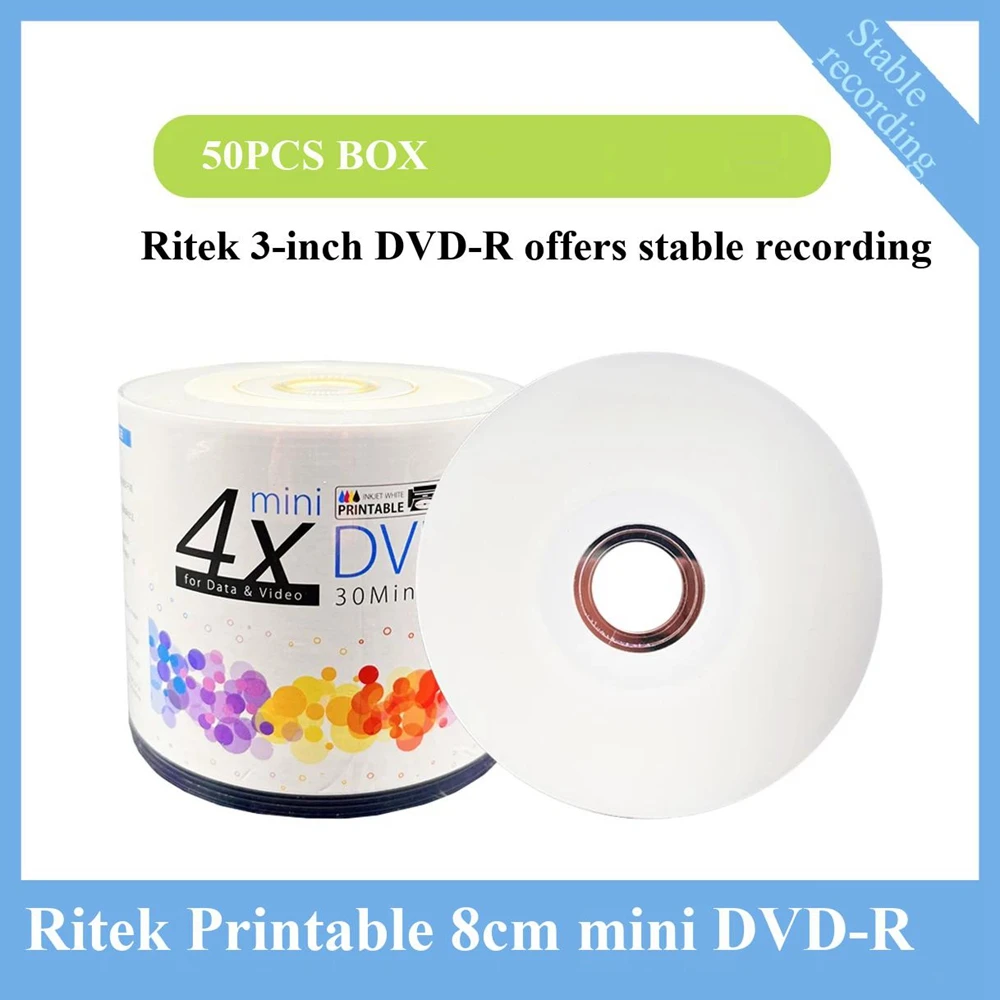 50PCS Ritek Printable 3in/8cm Mini DVD-R Blank Recordable Discs 1.46GB 30min 4X Speed for Camcorder Camera Data & Video Storage