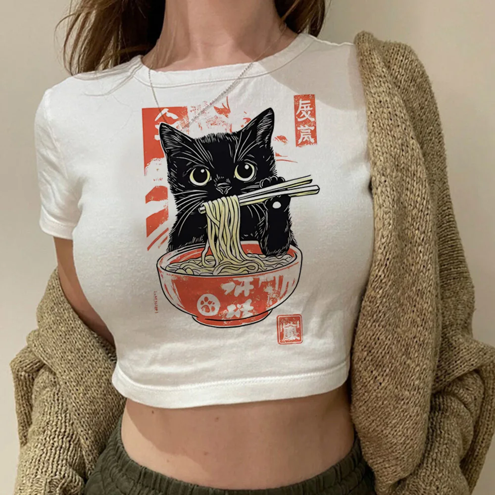 Noodle Ramen Cat crop top female alternative  y2k cute cutecore anime shirt alternative  streetwear grunge baddie summer