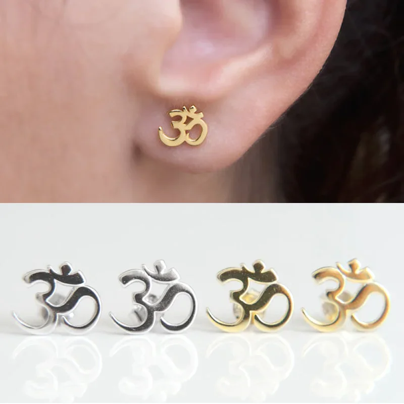 100% 925 sterling silver High polished studs yoga jewelry OM ohn India symbol silver earring for girl women Minimalist Jewelry