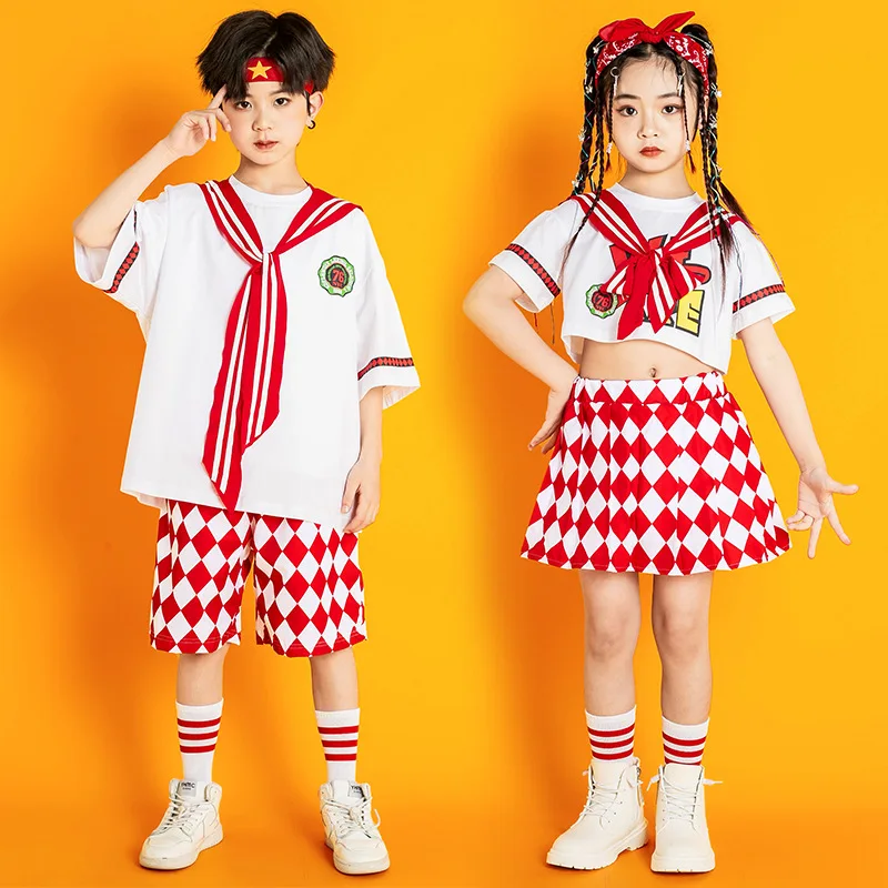 Kids White Choir School Dance Suit Boy Dancing Loose Handsome Costume Girl Stage Catwalk Red Plaid Bottoms