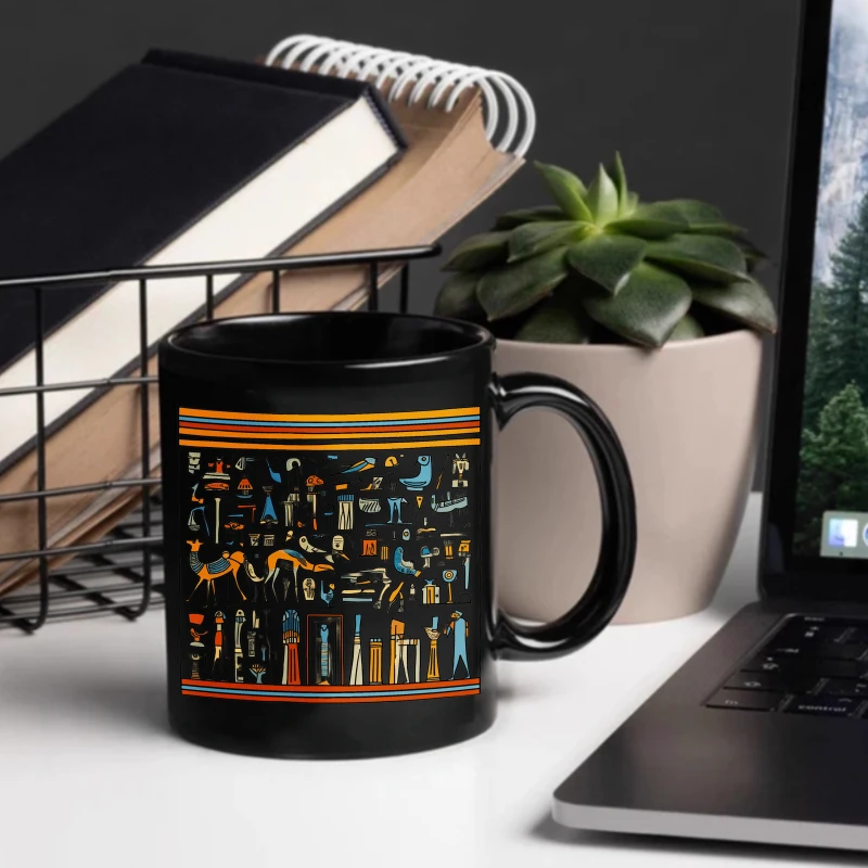 Black ceramic mug with Egyptian hieroglyphics and symbols designed for coffee, tea or everyday use.