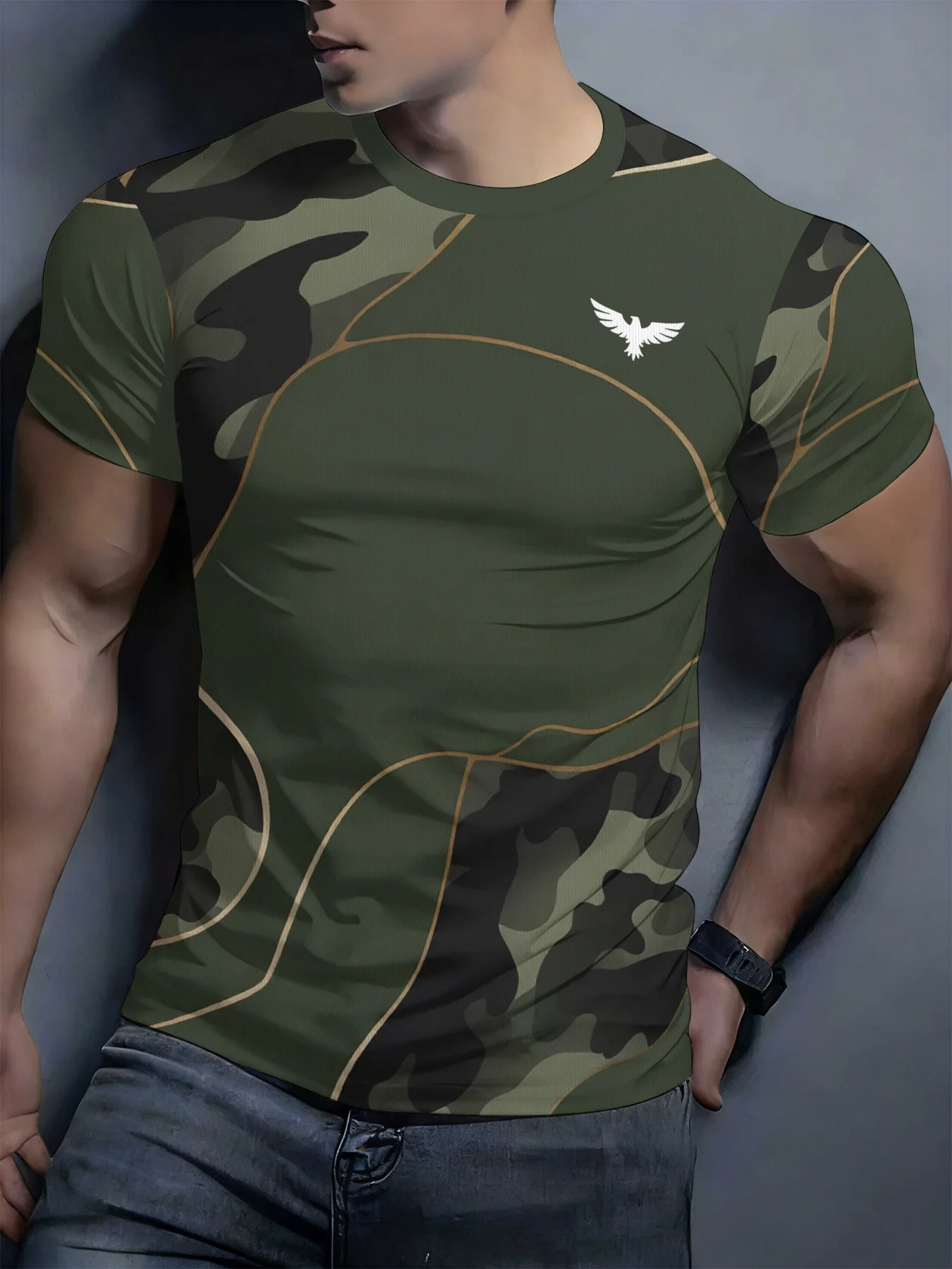 New men's short-sleeve T-shirt, loose-fitting and tailored with printed designs, versatile basic crew-neck top suitable for spri