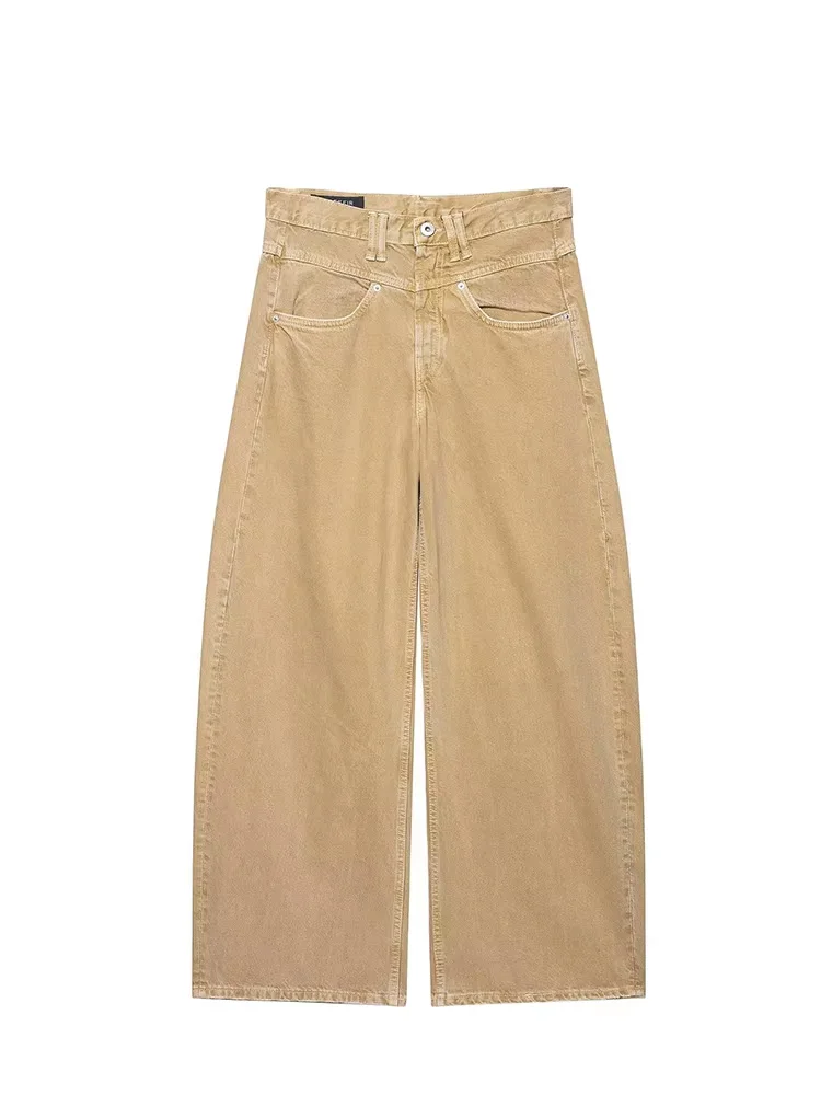 Celana Jeans Wanita HH 2025 Musim Gugur Model Vintage Warna Ocher Pinggang Rendah Kaki Lebar Warna Solid Dengan Saku Resleting Celana Lurus Mujer