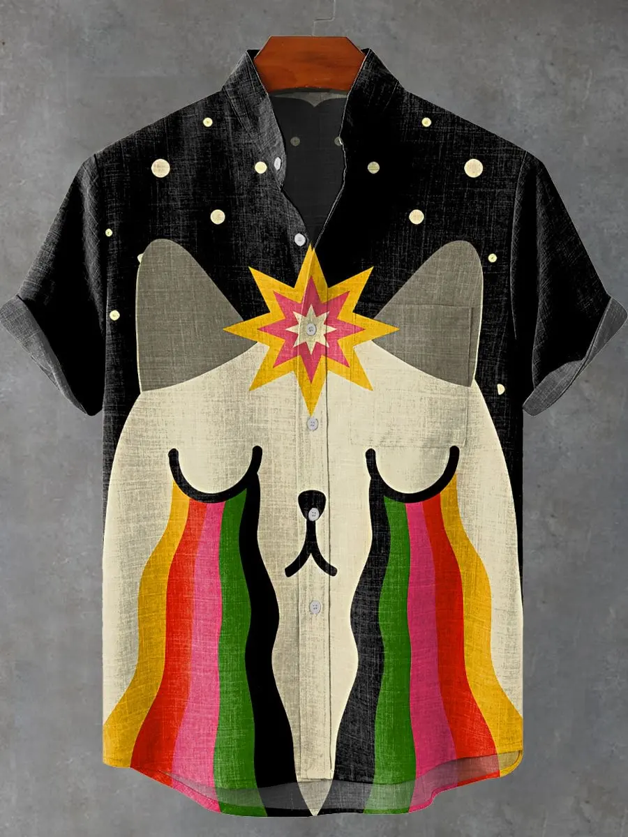 2025 Men's Summer Fashion Art Cartoon Cute Cat Pattern Printed Linen Short Sleeve Shirt Casual Comfortable Button Top