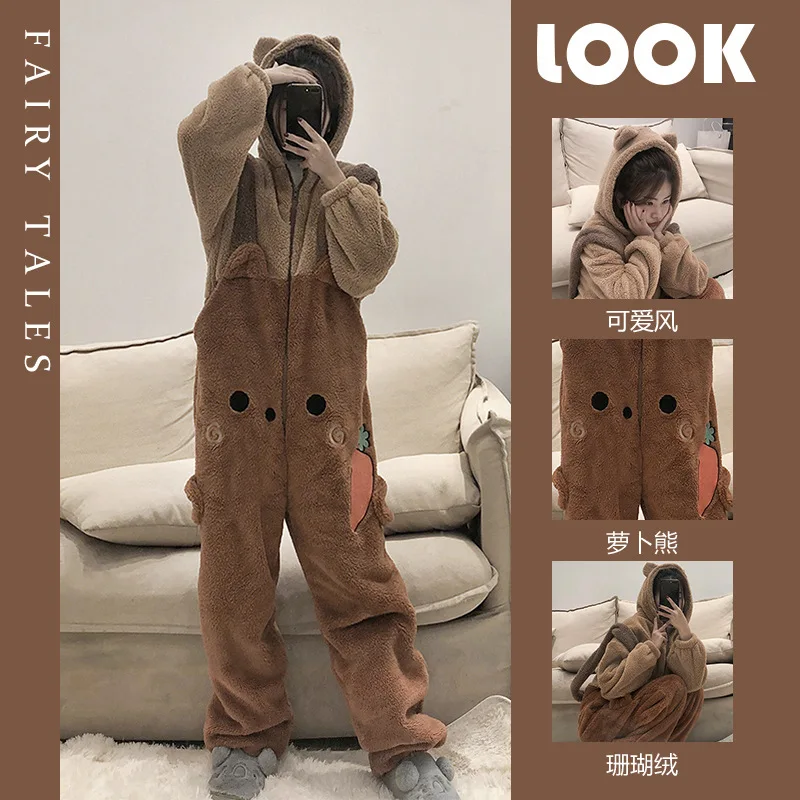 Autumn Winter Women Cute Onesies Pajamas Coral Fleece Warm Cartoon Bear Ears Hooded Sleepwear Girls Sweet Home Clothes Pyjamas