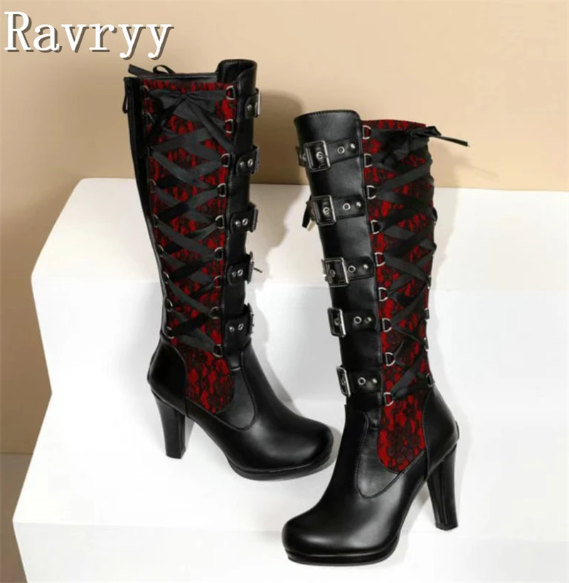 

Women's Belt Buckle Knee High Boots Vintage Punk Style Thick Heel Boots Winter Keep Warm Female Lace Up Long Boot