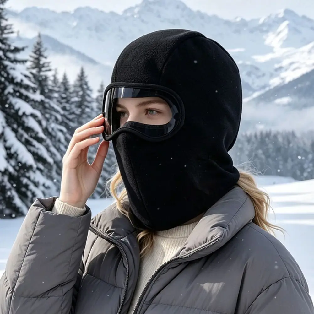 Windproof Fleece Balaclava Hat Thickened Clear Eye Shield Winter Cycling Goggles Hood Face Cover Ear Protector Pullover Cap