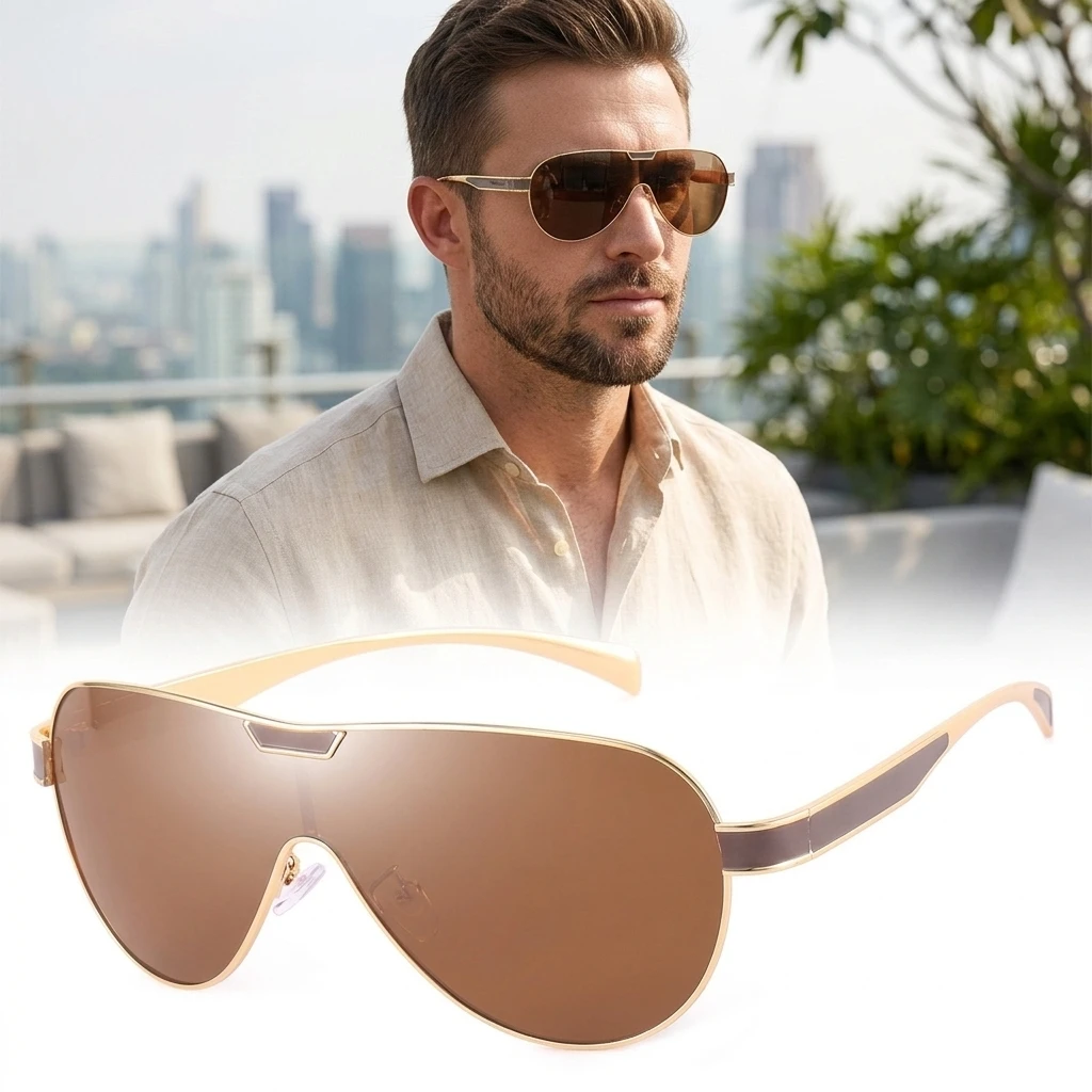 Men Polarized Sunglasses One-Piece Lens UV400 Metal Frame Driving Fishing Sport Sun Glasses Outdoor Classic Shades