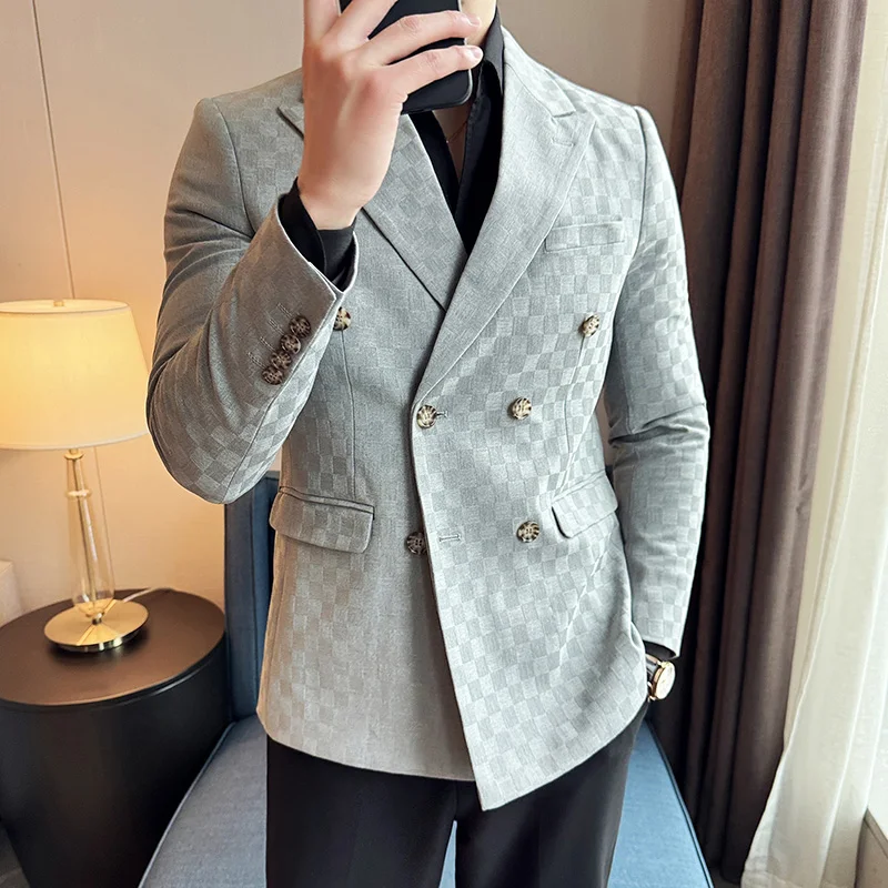 Brand Checkered Double Breasted Blazers Men Slim Fit Business Social Formal Suit Jacket Fashion Wedding Groom Party Dress Coats