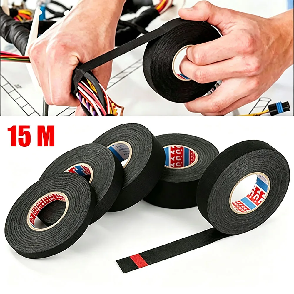 15M 9/15/19/25MM Heat-resistant Adhesive Cloth Fabric Tape For Automotive Cable Tape Harness Wiring Loom Electrical Heat Tape