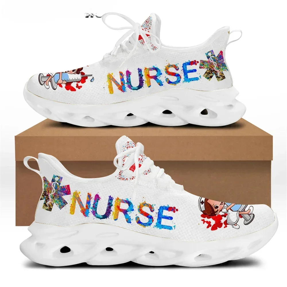 

Casual Women White Nurse Shoes Brand Design Cartoon Heartbeat Art Medical Flat Sneakers for Ladies Lace Up Footwear