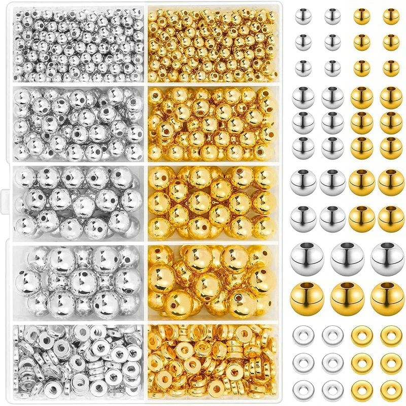 1000pcs Golden Spacer Beads Kit CCB Ball Round Smooth Loose Beads Kit For Bracelets Making Craft DIY Jewelry Making Supplies