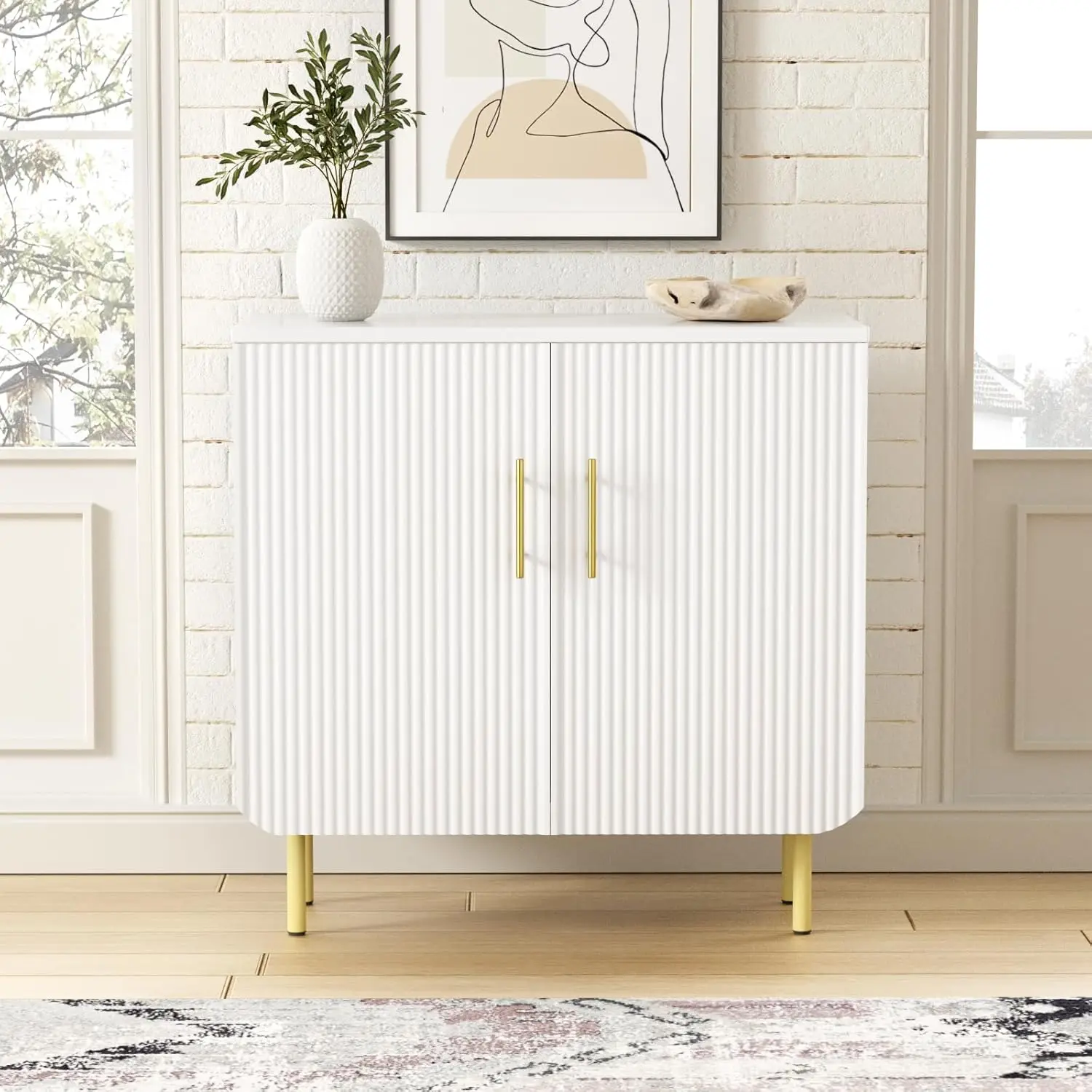 

Белый шкаф для хранения с рифленой отделкой, современный буфет с 2 дверцами, регулируемыми полками и металлическими ножками, акцентный элемент, на заказ