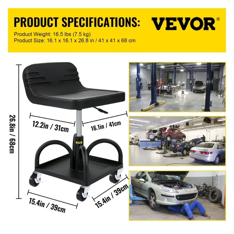 Adjustable Height Rolling Garage Stool 300LBS Capacity Black Mechanic Seat Swivel Wheels Tool Tray Workshop Auto Repair Shop