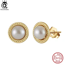 ORSA JEWELS 925 Sterling Silver Round Pearl Earrings for Women Fashion Handpicked Pearl Ear Stud Jewelry Anniversary Gift GPE98