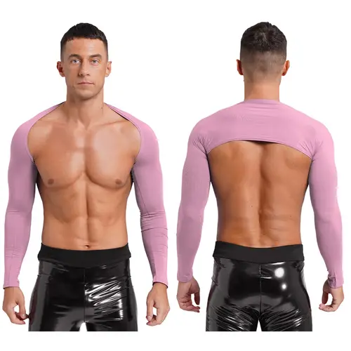 Men Open Front Half Crop Top Solid Long Sleeve Cardigan Bolero Shrug Tops Muscle Arm Sleeves Workout Sports Gym Tops Clubwear - Image 20