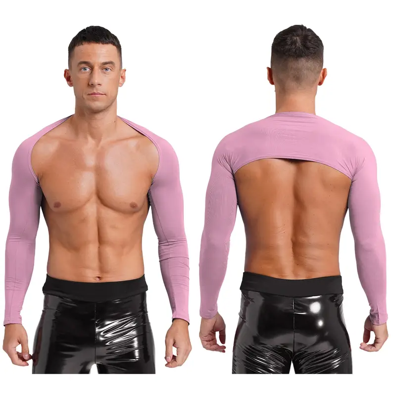 Men Open Front Half Crop Top Solid Long Sleeve Cardigan Bolero Shrug Tops Muscle Arm Sleeves Workout Sports Gym Tops Clubwear - Image 20