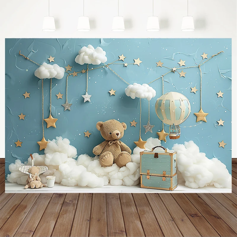 Fondo de oso Mocsicka, globos de aire caliente, decoración de estrellas de cielo azul claro, fondo de cumpleaños para Baby Shower, estudio de fotografía