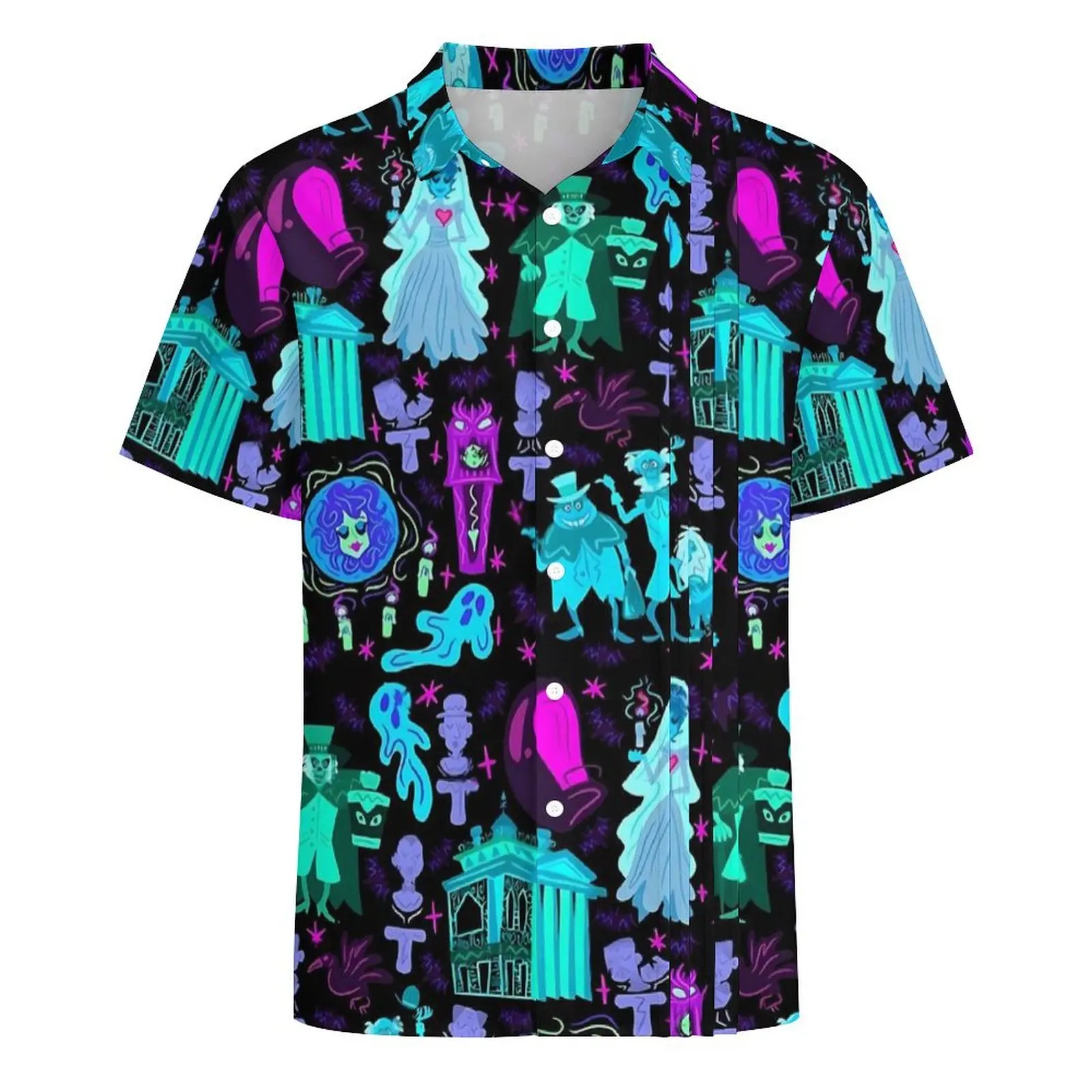 Camisa masculina Harunted Mansion Beach, estampa do Dia das Bruxas, camisas casuais havaianas, blusas clássicas, streetwear manga curta, roupa padrão