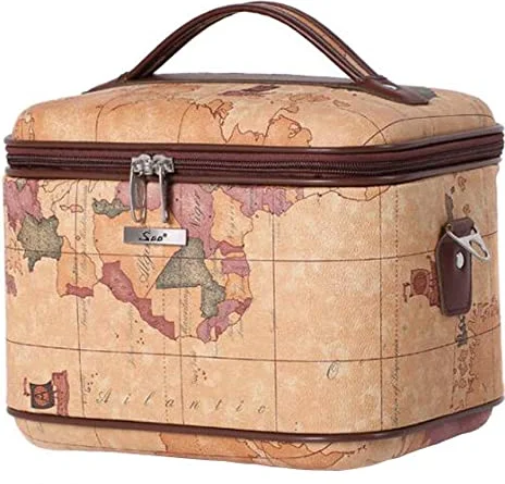 Women PU Leather Cosmetic Case Map Print Hard Makeup Case Toiletry Bag Train Case Professional Cosmetic Bags Makeup Suitcase