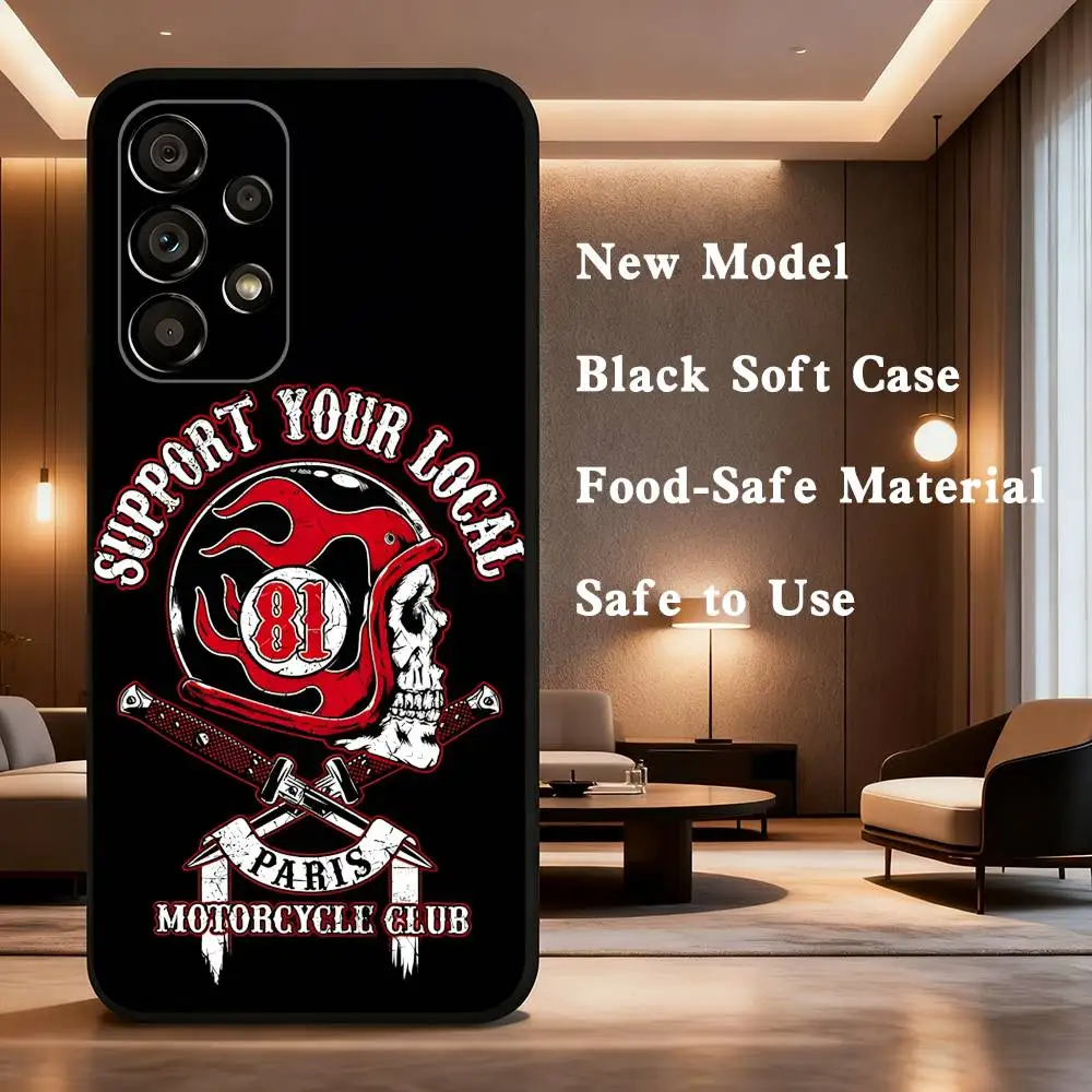 Hells Angels M-Motorcycle 81 電話ケース Samsung Galaxy A73、31、32、72、41、53、52、71、22、5G、Note、J7、8、9 ソフトブラックカバー用